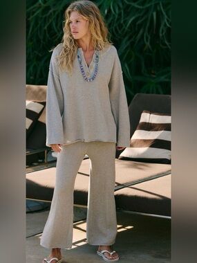 Free People Beige Waffle Knit Long Sleeve set